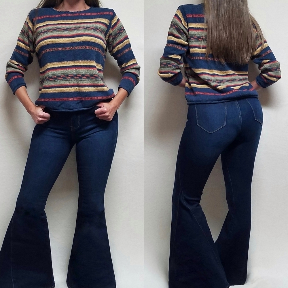 90s Vintage Boho Jones New York Multi-color Striped Knit Cropped Linen Sweater S